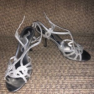 Silver sparkly open toe heels